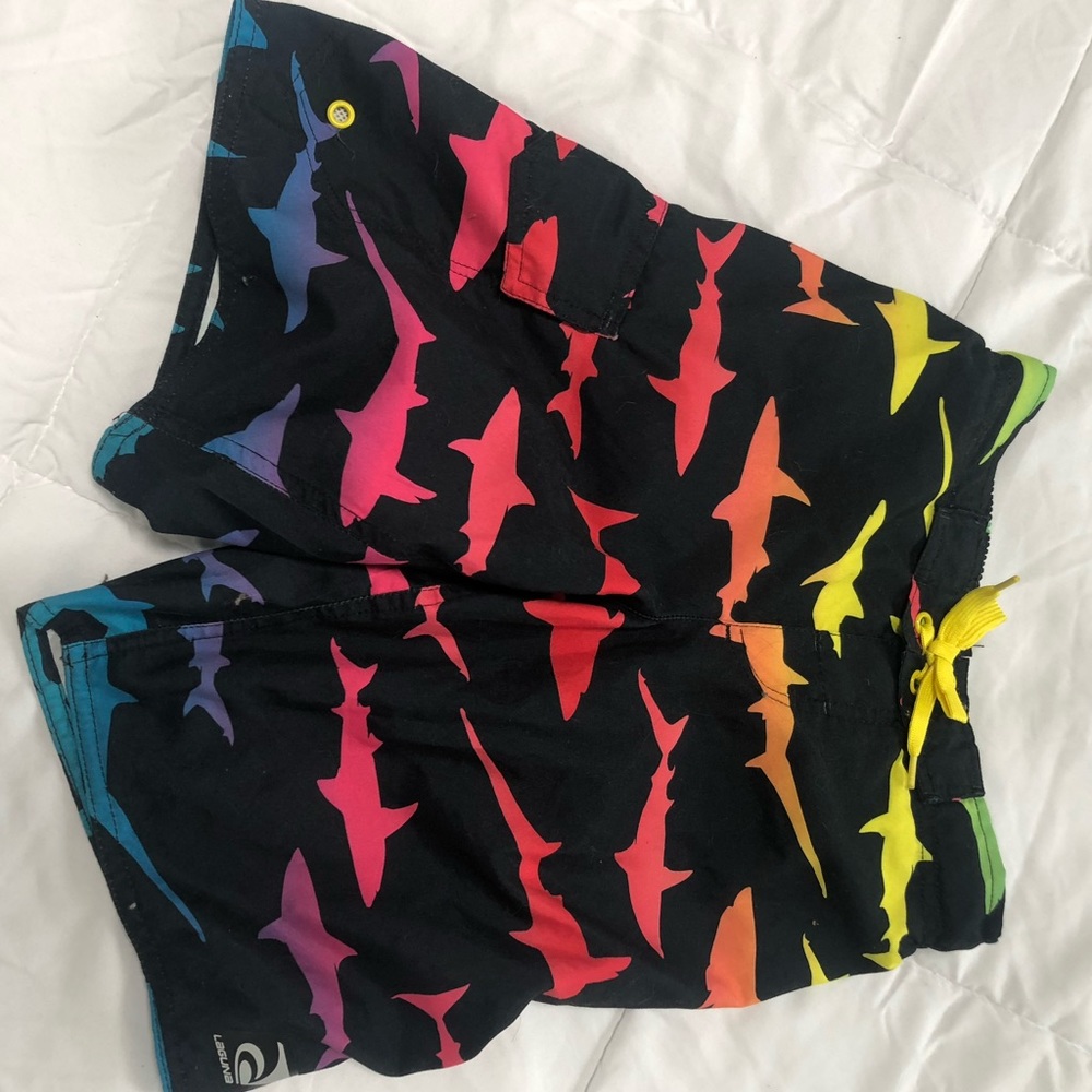 Boys M8 black neon rainbow shark swim trunks